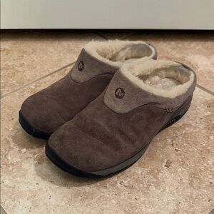 Merrell Dark Brown Suede Clogs with Shearling